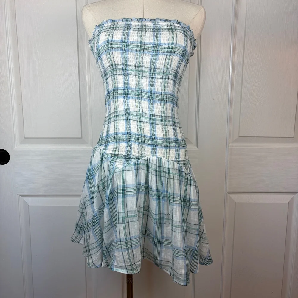 RSQ Strapless Dress in Blue and White Check - Picture 1 of 3